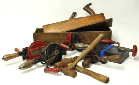 Collection of various general wood working tools including brace, drill and jack plane