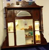 Small Edwardian dark stained overmantle mirror, 95cm x 98cm wide