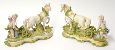 Pair of German porcelain German figure groups of cherubs with ploughing horse, 24cm (one wing