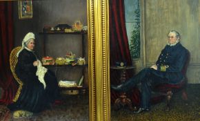 Pair of oil paintings depicting Victorian interior scene, unsigned, 30cm x 22cm