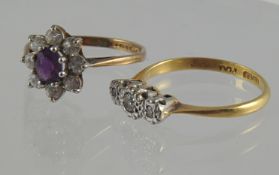 9ct gold dress cluster ring set with amethyst also a 3 stone small diamond ring , Sizes I and K
