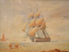 In the manner of Nicholas Condy a small watercolour of a two deck and masted gun ship , unsigned,