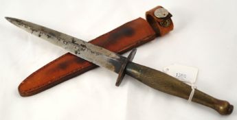 An old dagger, possibly a Commando dagger, with leather scabbard, 29cm