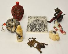 Collection of various Oriental objects including dragon and phoenix hanging censor, snuff bottles,