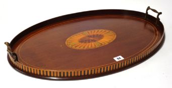 Oval mahogany and inlaid serving tray with metal handles, 63cm wide