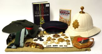 Royal Marines hat, some badges, belt and various Marine books, hats etc