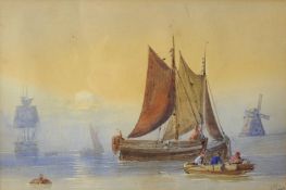 Modern oil on canvas Naval scene, 60cm x 91cm t/w watercolour of barges, Dutch School, 19cm x 28cm