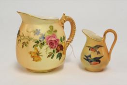 Royal Worcester jug decorated with summer flower n on blush ivory ground, 9cm t/w a smaller jug