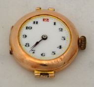 9ct gold Ladies Rolex wrist watch, the enamel and gilt dial with Red 12, lacks bracelet