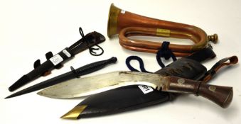 Khukri knife, bugle and Commando dagger (32cm)