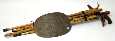 An early metal climbers hot water bottle inscribed `Karlsbad Wilhelm` t/w various Swiss and other