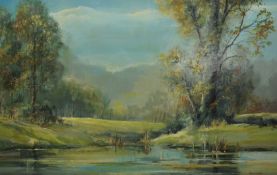 Peter J. Carter oil on board `River Landscape`, 54cm x 86cm with paper label to verso