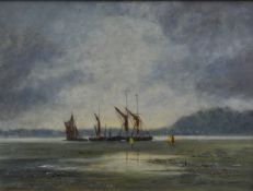 JOHN MOSS oil on board `Barges on the Thames` signed, 24cm x 32cm