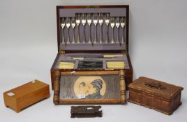 Mahogany and inlaid canteen box fitted with various cutlery, three other boxes and Dutch style tray