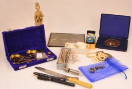 Various items including Conway Stewart fountain pen, another fountain pen, set scales, 1889 silver