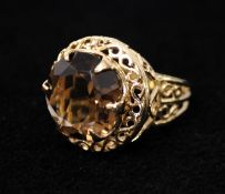 Large 9ct gold dress ring set with smokey quartz stone, gross weight approximately 6.3g