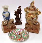 Various objects including Japanese earthenware vase and cover, Oriental vase and plate, carved