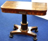 Early Victorian rosewood fold over card table on pedestal base, 91cm wide x 74cm high