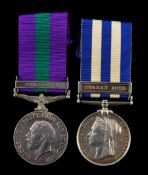 A George V General Service medal and Victorian Egypt GSM with Suakin 1885 clasp impressed 6708, BTE.