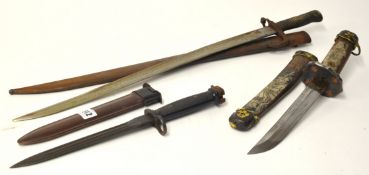 Reproduction Japanese Samurai dagger, two bayonets and Oriental scroll