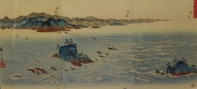 Trio of Japanese coloured wood block? Prints in one frame `Coastal and Landscape Views` t/w