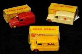 Three Dinky models including No 480, Bedford Kodak Van, No 253, Daimler Ambulance, No 471, Austin