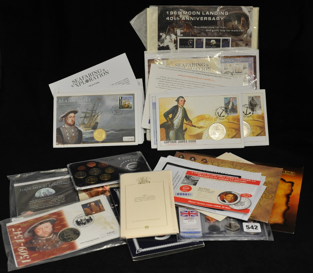 Various First Day covers with coin issues including `Treasure of The Mary Rose 2009`, some coin sets