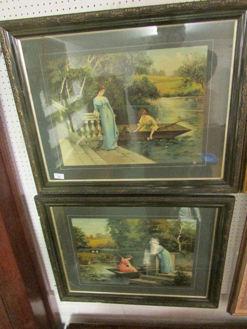 Two Victorian romantic colour prints depicting ladies in punts by garden riverbank, each 36cm x 50cm