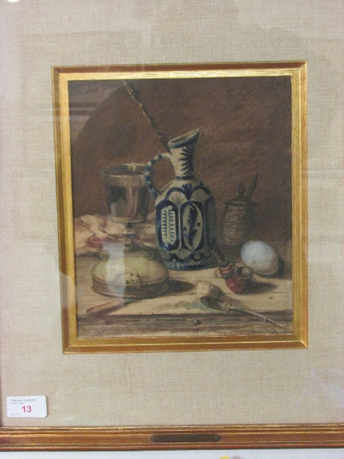 Arnaud Schaepkens (1816-1904), still life with egg, pipes and ewer, watercolour, 25cm x 21cm, framed
