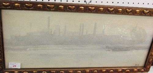 L R Roff - pale watercolour of industrial riverside, signed lower right, 21cm x 51cm, framed and