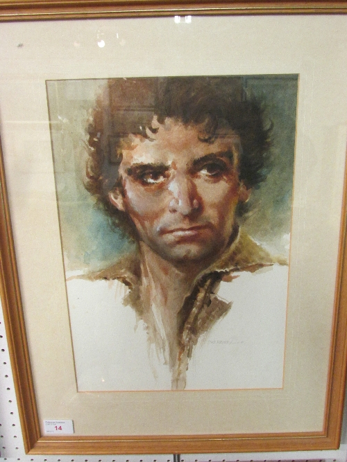 Mike Western, watercolour portrait of man, signed pencil lower right, title note fixed verso `