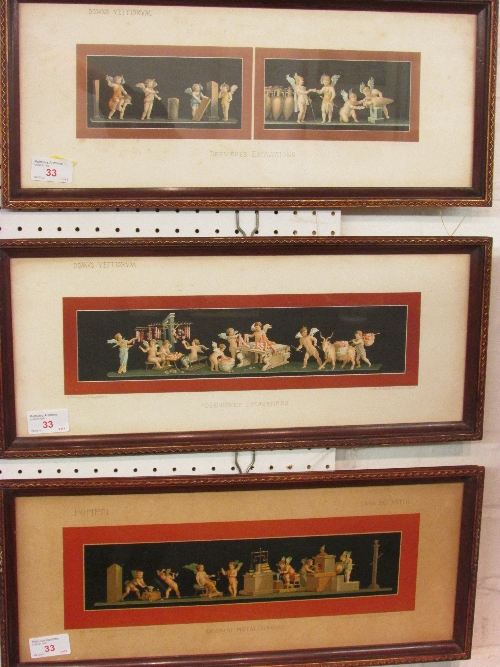 Group of three allegorical chromolithographs c1900 depicting putti in industrious scenes, two titled