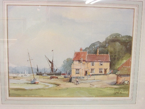 Frank James (1916-2003), `The Butt & Oyster, Pin Mill (1987)`, watercolour, title label verso,