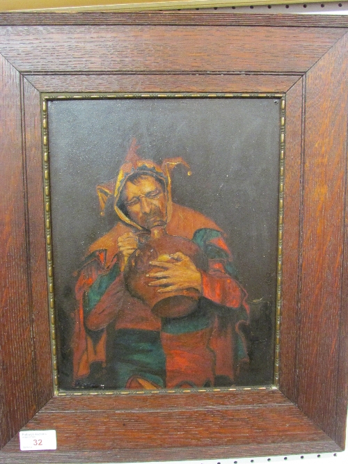 Oil on board of jester with flagon, signed HHB lower left with indistinct date, 30cm x 23cm, in an