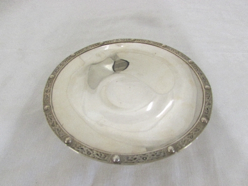 Wakely and Wheeler circular silver tray on foot, roundel and link border and concave interior,