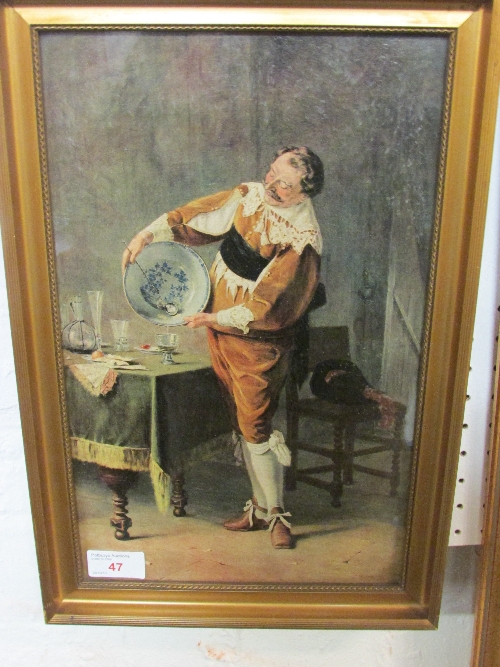 Reproduction colour print of man pouring glass from bowl, 34cm x 21cm, framed and glazed