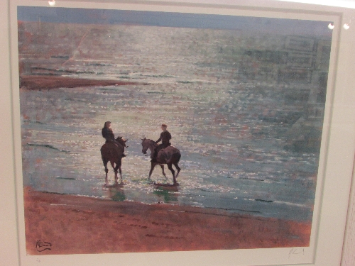 Endorsed limited edition reproduction colour print - two horse riders on beach, numbered 7/95 and