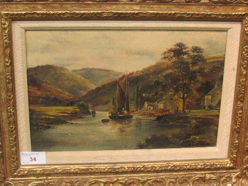 Late 19th century oil on canvas of sailed barge with church and hills beyond, signed G Willis