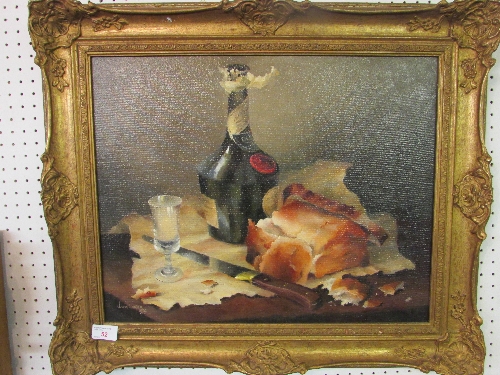 Jack Carter, still life with port bottle and bread, oil on canvas, signed lower left dated 1979,