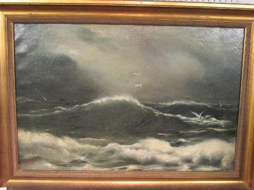 Seascape with gulls, oil on canvas, signed W J Bush lower left, probably early to mid 20th