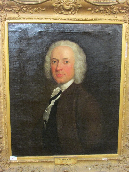 Attributed to Richard Wilson (1714-1782) - half length portrait of gentleman in wig and brown