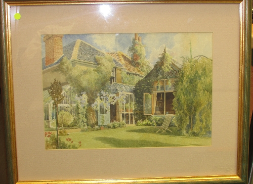 Watercolour of house, garden and studio (23cm x 34.5cm) no signature, F&G, with photocopied note