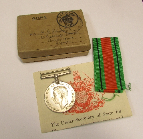 1939-1945 Defence Medal and ribbon with entitlement slip, in OHMS box addressed to Mr W G Phipps