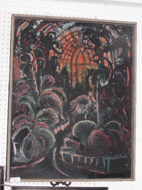 Oil on board of menacing-looking plants in glass-house with orange glow outside, verso inscribed `