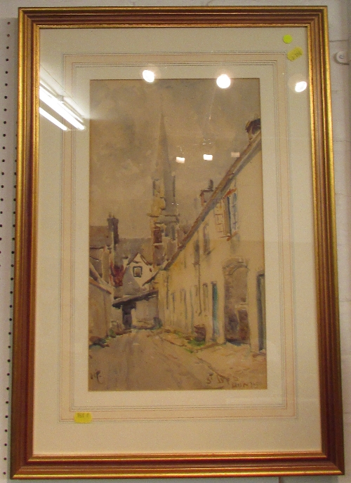 Street scene with steeple, watercolour, monogram HC to bottom left (perhaps obscured by mount)