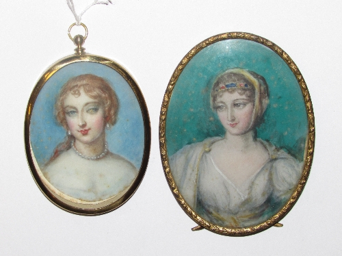 Two oval portrait miniatures: lady with auburn hair and pearl necklace (7.5cm x 5.5cm), and lady