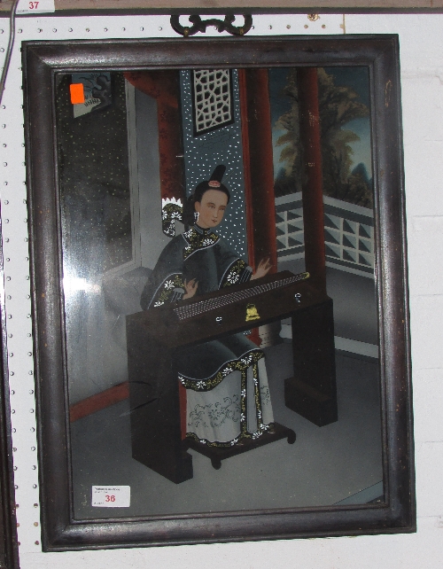 Chinese reverse glass painting of woman sat at table with musical instrument, the room open to the