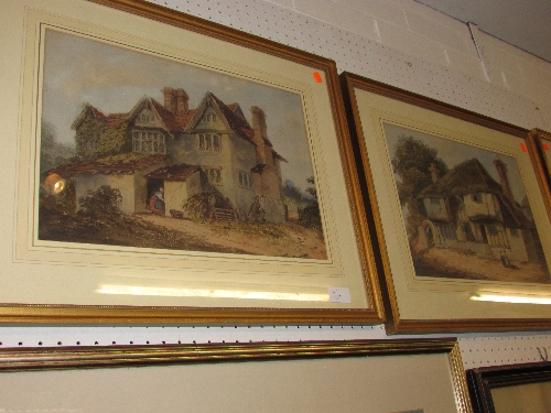 Two early 20th century watercolours: brick cottage with gable chimney and thatched cottage, (each