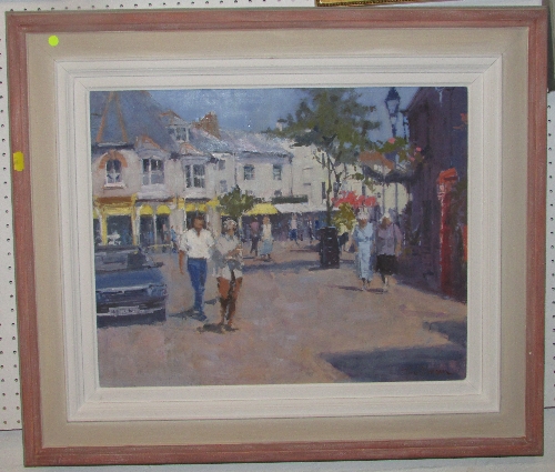 Tina Morgan, `Yellow Awnings, Sidmouth`, oil on board, (39cm x 49cm) in painted frame, with