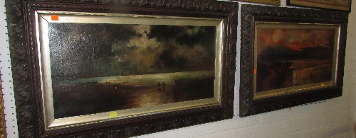 Two oils on canvas: sea shores with figures under lowering skies (each 28.5cm x 59cm), perhaps early